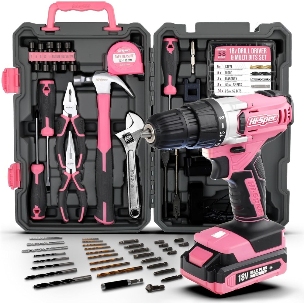 Hi-Spec DT30335Y 81 pcs set with pink 18V battery drill