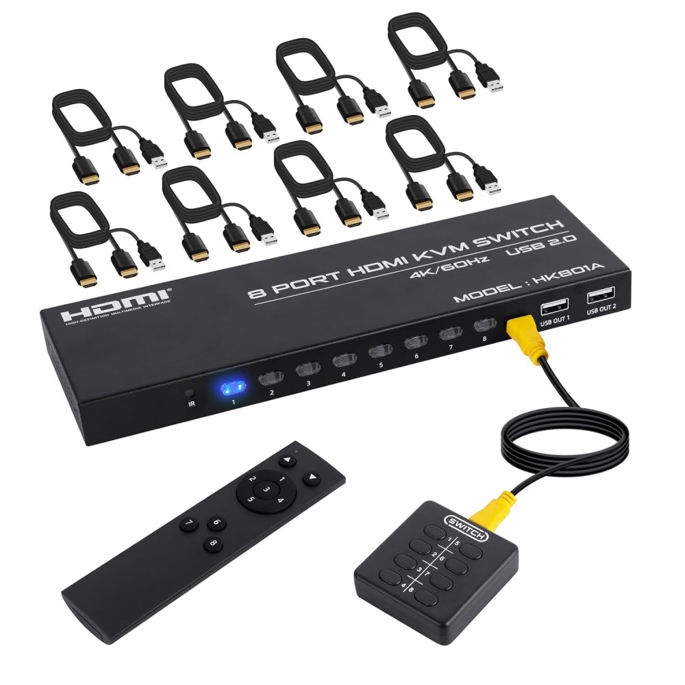 KVM-tätbar switch KS802, 5 V, HDMI, upp till 8 datorer