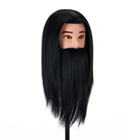 Cabeça de treino Gabbiano WZ4 com barba, cabelo sintético, cor 1, comprimento 8"+6" — vista frontal