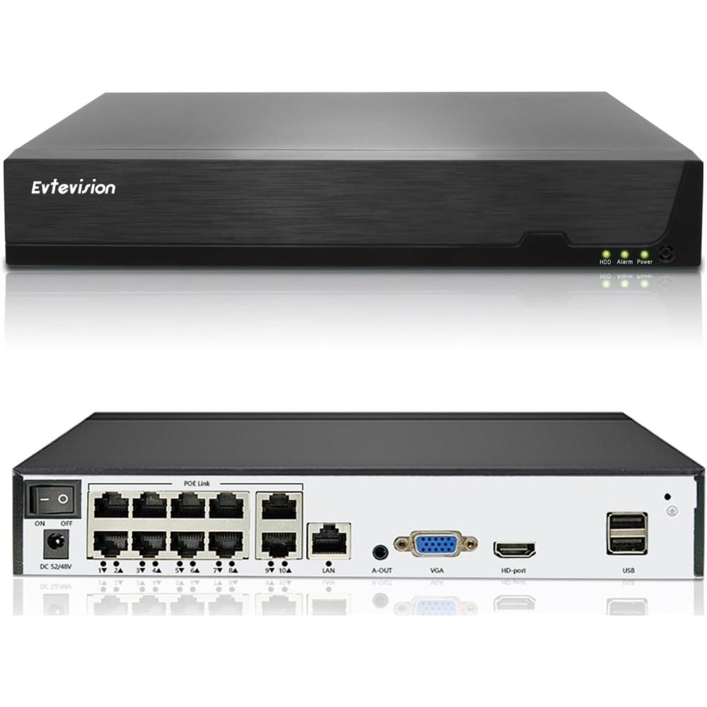 10-kanaals videorecorder EVTEVISION NVR 4K, 8MP, ondersteunt IP-camera's