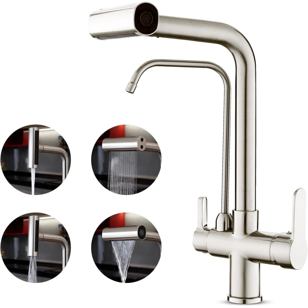 Küchenhahn 3 in 1, mit extrahierter Dusche, Silber