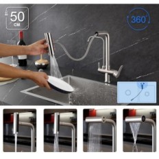 Kitchen faucet 3 in 1, with extracted shower, silver