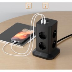 Tessan Power Strip, USB C, 2 USB A, 3600 v 16 A, 5 metrov, črna