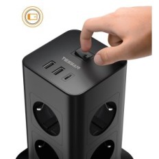 Tessan Power Strip, USB C, 2 USB A, 3600 v 16 A, 5 metrov, črna