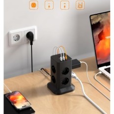 Tessan Power Strip, USB C, 2 USB A, 3600 em 16 A, 5 metros, Preto