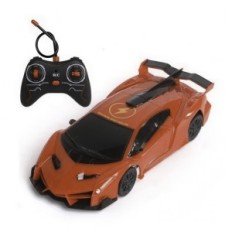 A remotely controlled car driving on the ceiling and walls, with headlights