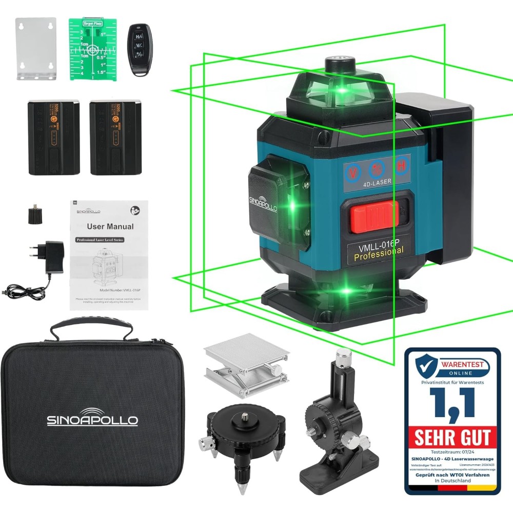 Sinoapollo Compact Laser Level 4D, 16 Zeilen, mit Batterien und Fernbedienung