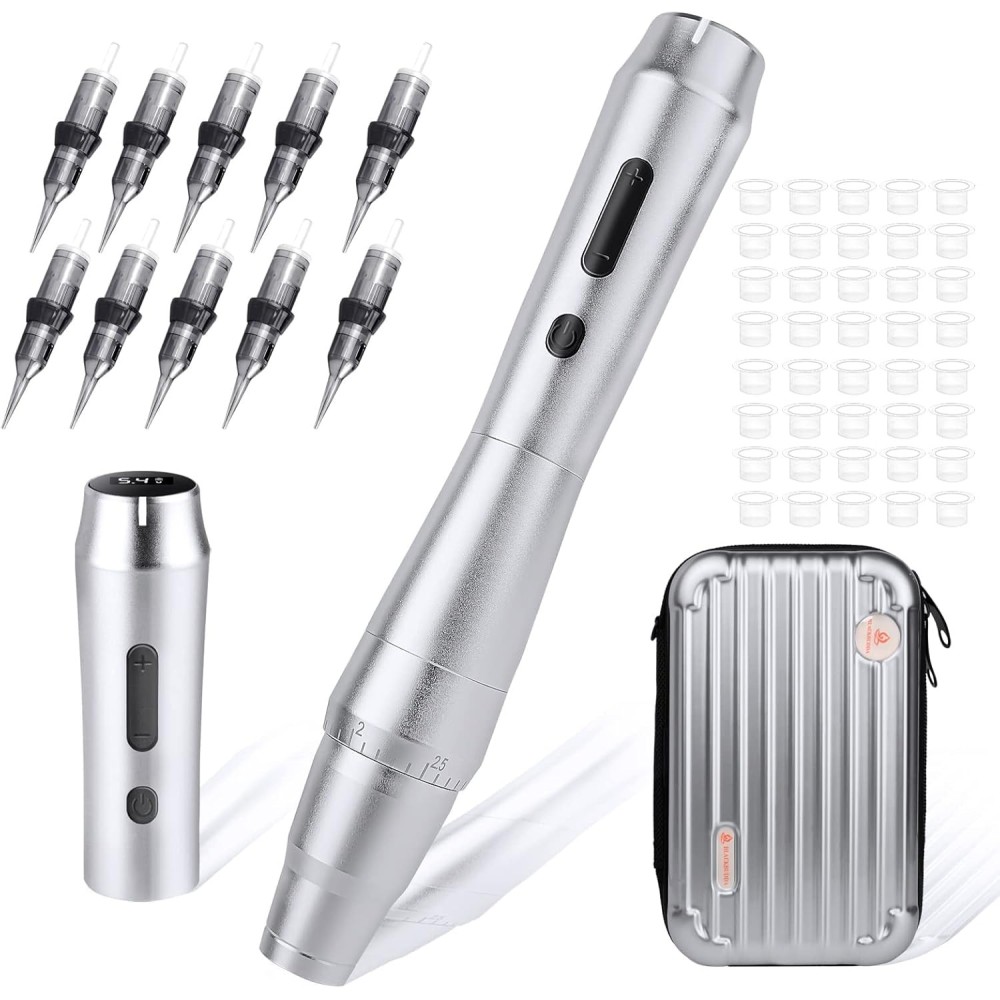 Un ensemble de machines à tatouage blackbuded avec un stylo et des cartouches, argent