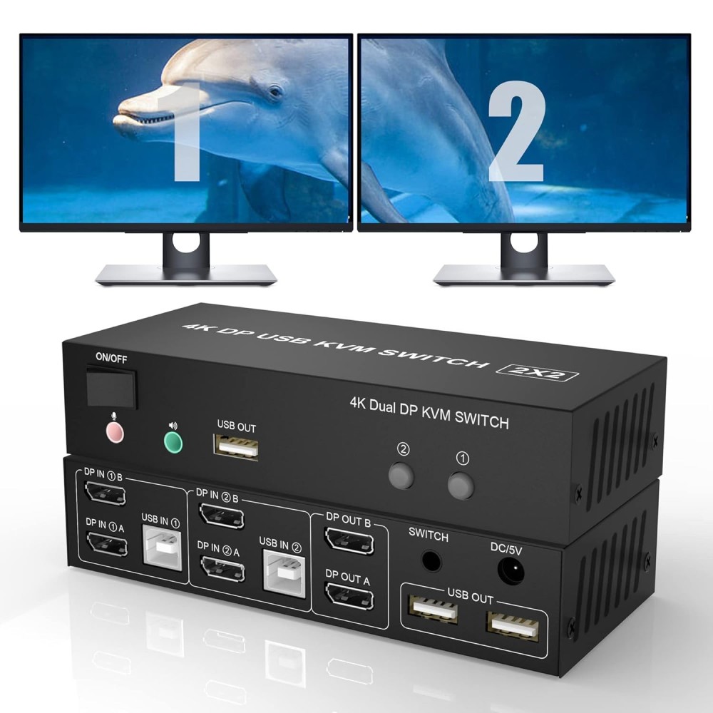 KVM Switch Ritaks 202BXL, 2 bildskärmar, 4K, USB 2.0-datorbrytare