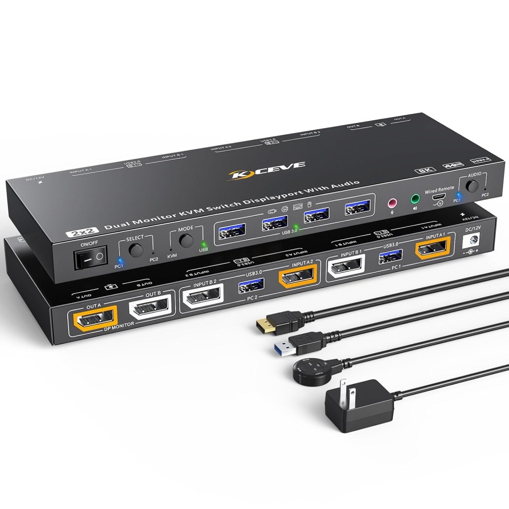 8K DisplayPort KVM iki 2 kompiuterių / nešiojamųjų kompiuterių, 30 Hz, 4K, 144 Hz, 1,4 ir 4 USB 3.0 prievadai