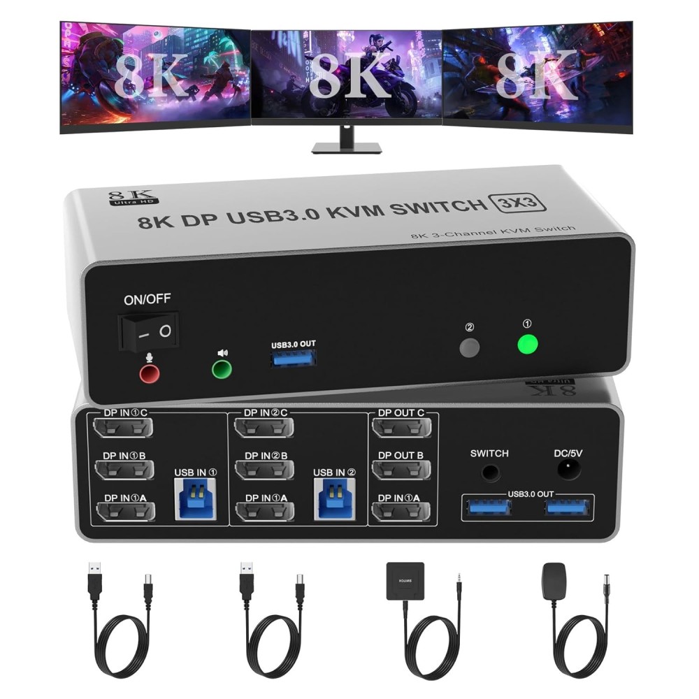 KVM CBCuyle 8k-kytkin 60 Hz 3 Monitors 2 tietokonetta 4k 144 Hz