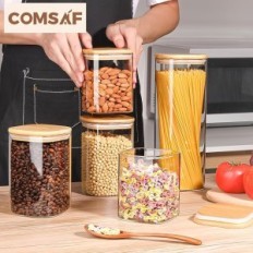 COMSAF Glass jars for storage with bamboo lid, set of 5 pieces