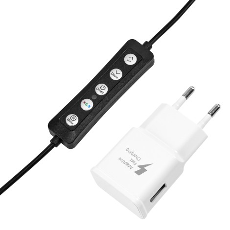 GLOW lâmpada anelar RGB 13" bsc com tripé 10W — close-up dos controlos