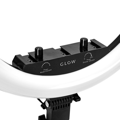 GLOW lámpara anular 18" con trípode 45W — detalle de los controles