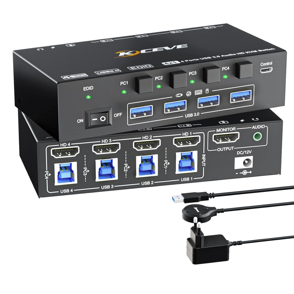 KVM KCEVE HDMI 4X1 Stikalo s 8K Podpora, USB Hub za prenosne računalnike in konzole