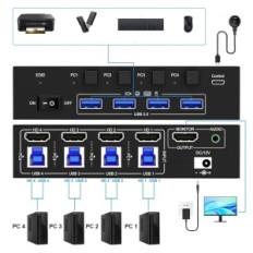 KVM KCEVE HDMI 4X1 Prepínač s podporou 8K, USB Hub pre notebooky a konzoly