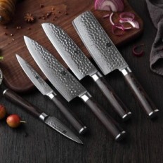 Xinzuo 7 El Knives Set. Med blok, Damascian Steel, Pakkakawood håndtag
