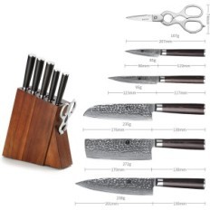 Xinzuo 7 El Knives sett. med blokk, damascian stål, pakkakawood håndtak