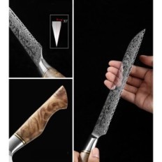 Coltello per pane Hezhen 8.3 ", acciaio damasco, manico in legno