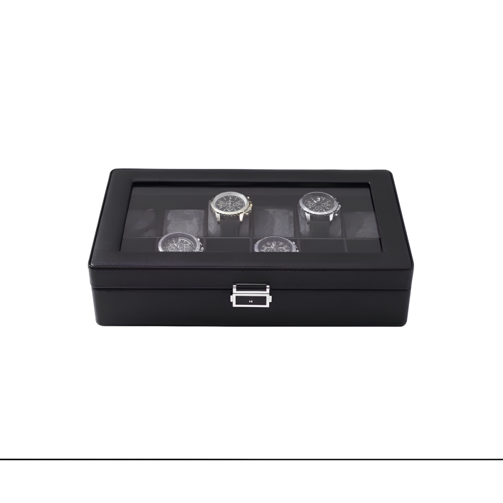 Organizer for storing watches on 12 pieces elegant box with compartments and transparent cover