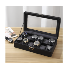 Organizer for storing watches on 12 pieces elegant box with compartments and transparent cover