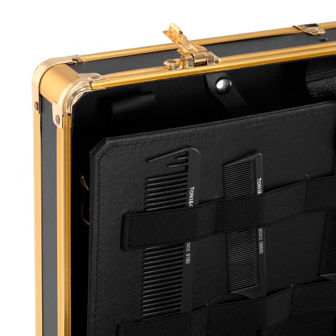 Barber case golden black — detail oppervlak