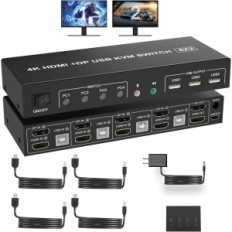 Cambiar KVM DisplayPort HDMI 2 Monitores 4K @ 60Hz 4 puertos de audio 3 puertos USB para 4 PC