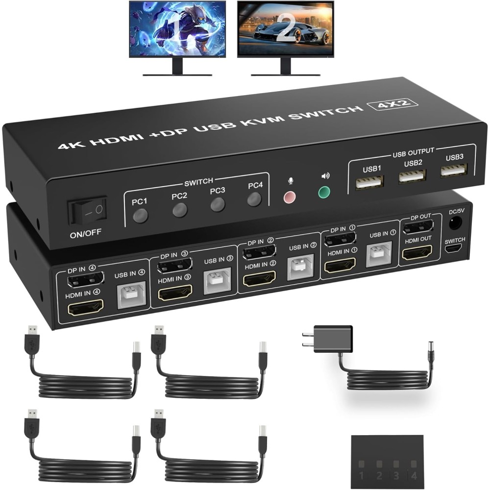 Switch KVM DisplayPort HDMI 2 Monitory 4k @ 60Hz 4 Audio porty 3 USB porty pre 4 ks