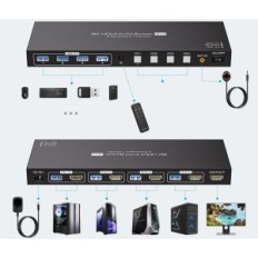 KVM HDMI spínač 2,1 8k 60Hz 4k 144Hz 4x1 USB 3.0 pro 4 ks 1 Monitor + kabely