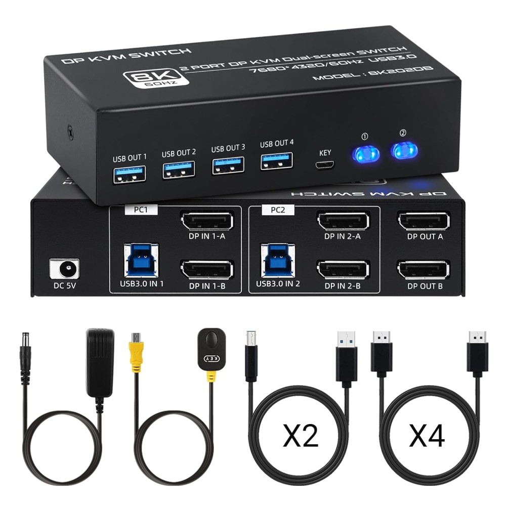 Switch KVM TCNEWCL 4K 144HZ DP 1.4 2 × PC 2 × Monitor 8K 60HZ USB 3.0 met kabels