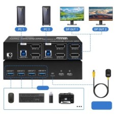 Byt KVM TCNEWCL 4K 144Hz DP 1,4 2 × PC 2 × Monitor 8K 60Hz USB 3.0 med kablar