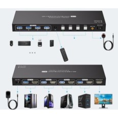 Switch KVM VPFET 4x PC USB 3.0 HDMI 4K60HZ 1 Monitor 4 HDMI portu barošanas avots