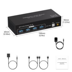 KVM Switch DisplayPort 2 PC 2 monitorok DP 1.4 8K60Hz 4 × USB 3.0 távirányító és VPFET kábelek