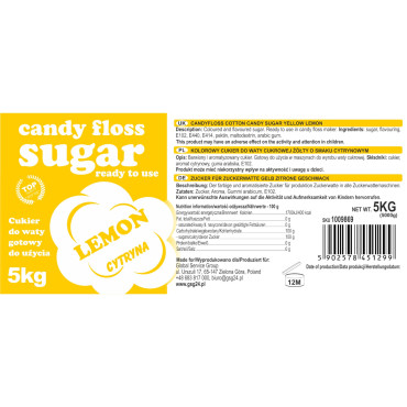 Krāsains aromatizēts cukurs dzeltenā cukura vilnai ar citronu garšu 5kg