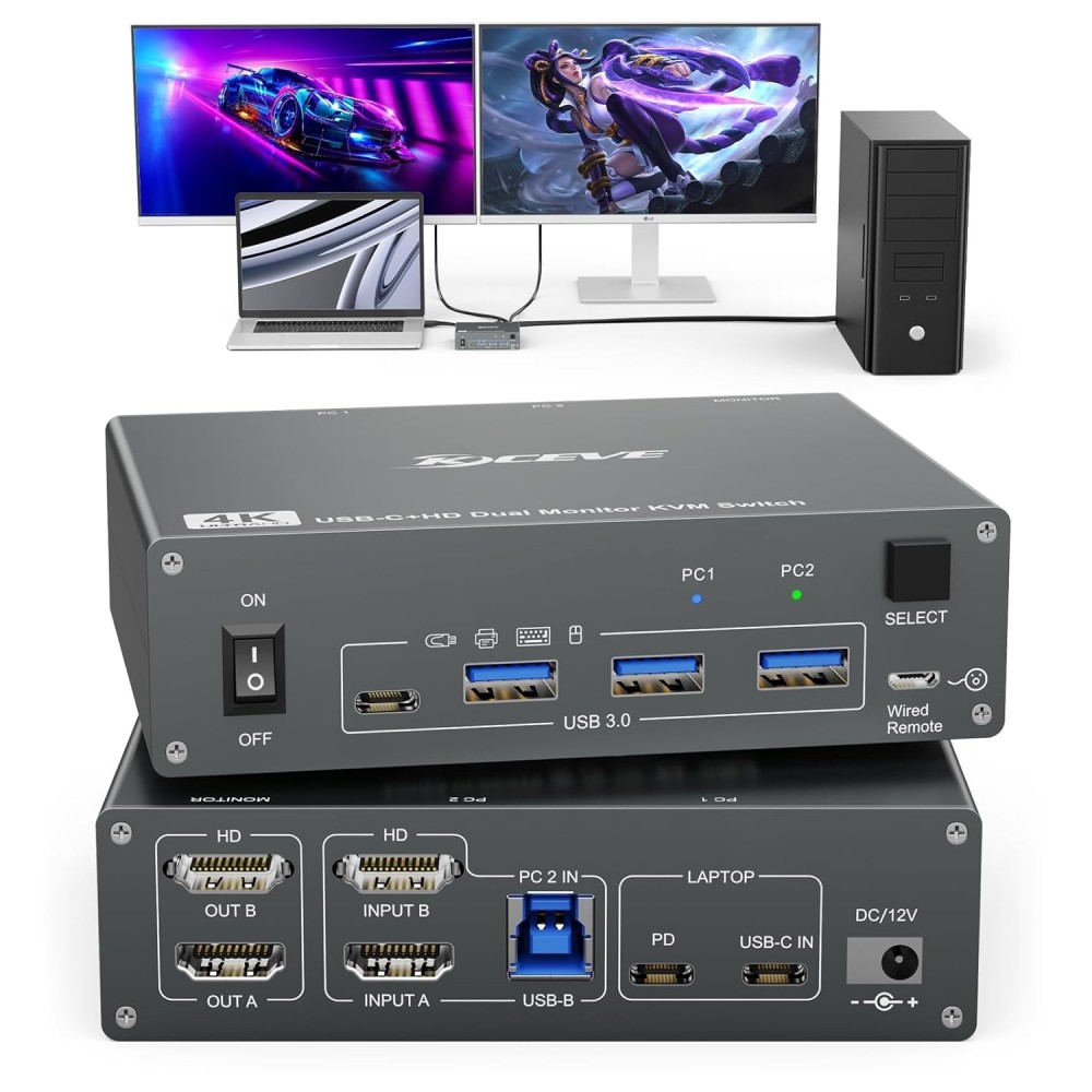 KVM 2XPC 2xmonitor USB-C HDMI 4K60Hz, USB 3.0, zajednička tipkovnica i miš