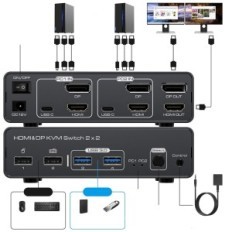 Ofullständig KVM 2 PC 2 HDMI + DP-skärmar 8K60Hz 4K120Hz USB 3.0 Vedindust Aluminium