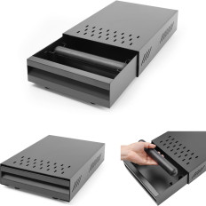 Drawer on coffee bums with reflective base under coffee grinder