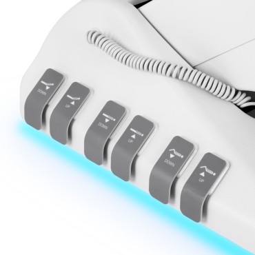 Sillón eléctrico cosmético Luxury con 3 motores blanco con mando a pie — detalle de los controles