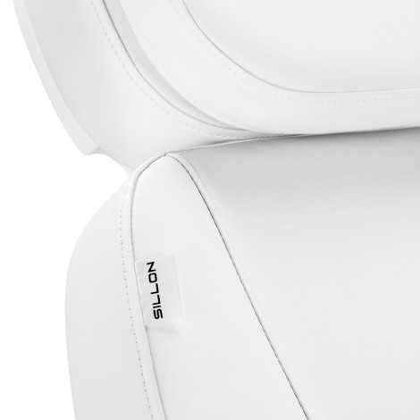 Cadeira elétrica cosmética SILLON Luxury com 3 motores e controlo por pedal branca — close-up da etiqueta