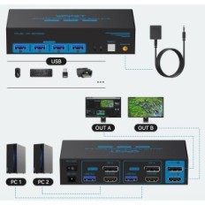 Switch KVM 8K60Hz DP / HDMI 2xPC 2xmonitório CMSTEDCD SW222 4xUSB, 4K120Hz, USB 3.0