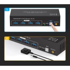 Ufullstendig / brukt KVM VPFET 2XDP / HDMI Switch 4K120Hz 8K60Hz 2 datamaskiner 2 USB 3.0-skjermer