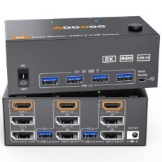 KVM Switch 3 Skærme 2 Computere 4K144Hz 8K60Hz DP + HDMI USB3.0 Fjernbetjening Strømforsyning