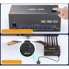KVM Switch 3 Monitory 2 počítače 4k144Hz 8k60Hz DP + HDMI USB3.0 Dálkové ovládání napájení