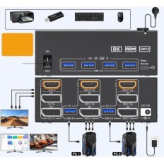 KVM Lüliti 3 Monitorid 2 Arvutid 4k144Hz 8K60Hz DP + HDMI USB3.0 Kaugjuhtimispult