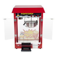 Machine à pop-corn de bar avec un toit rouge.