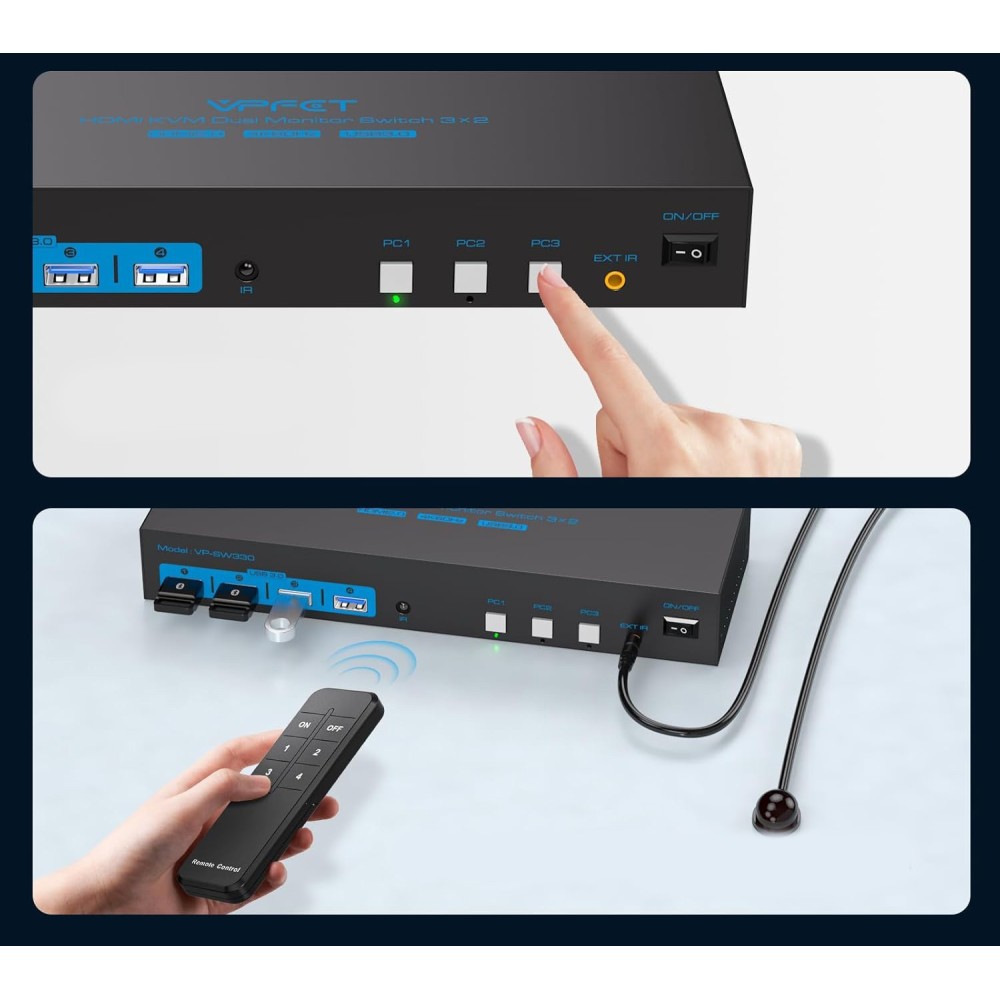 KVM 3 PC Switch 2 Monitores 4K60Hz, USB 3.0, EDID, 4 portas, CMstedCD VP-SW330