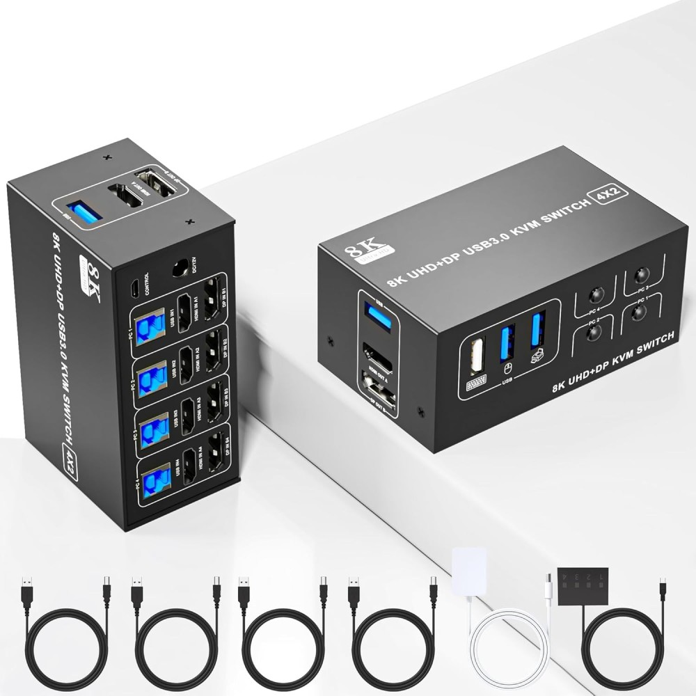 KVM USB 3.0 4XPC 2XMONITÓNU DP1.4 + HDMI2.1 8K @ 60Hz 5GBPS