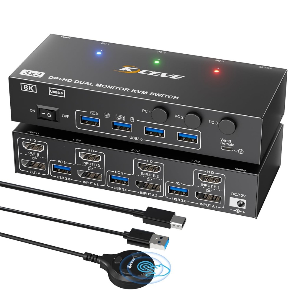KVM switch 3 Computers 2 KCEVE KVM302DH monitors DP HDMI USB 3.0 8K @ 30 4K @ 144/60 Hz