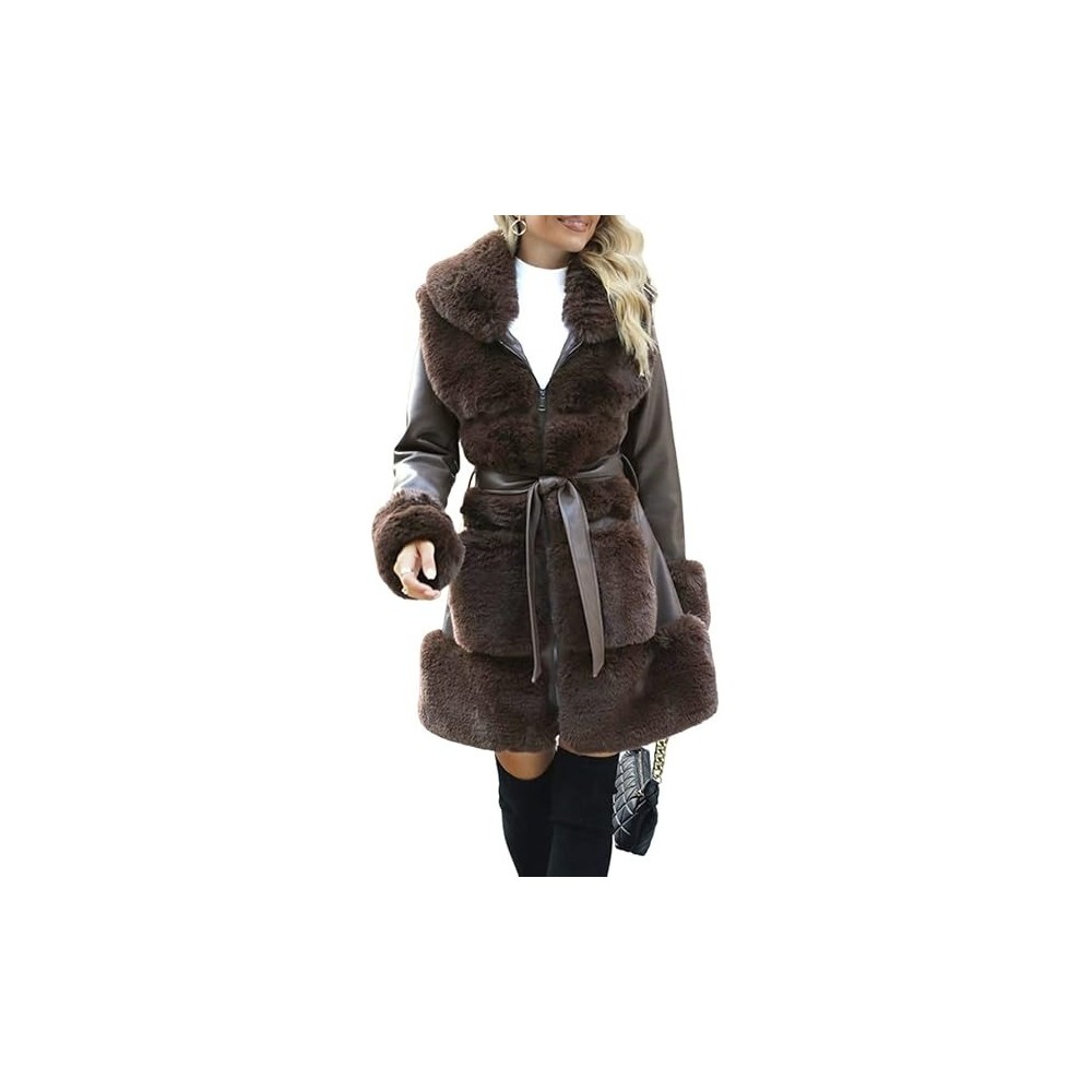 Damenmantel Giolshon lang mit Streifen isoliert Polarpark Imitation Leder und Wolle M