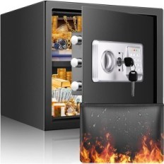 Beschädigtes Feuer und wasserdichtes Safe mit einem Regal und einem Alarm für A4-Dokumente